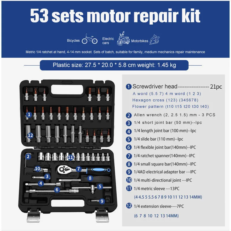 46-piece nickel-plated socket ratchet wrench set with Cr-v chromium vanadium steel construction
