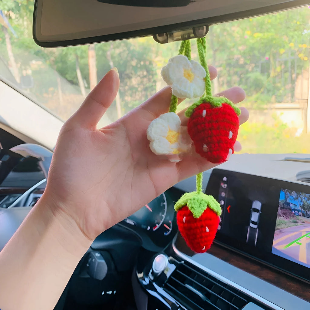 Handmade strawberry car pendant decoration made from cotton and hemp cord