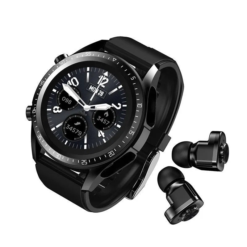 Black smartwatch with silicone strap displaying blood pressure and oxygen stats on its circular screen.