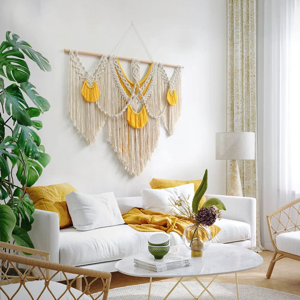 Hand-woven cotton Nordic tapestry 120x95cm creamy white with yellow woven accents