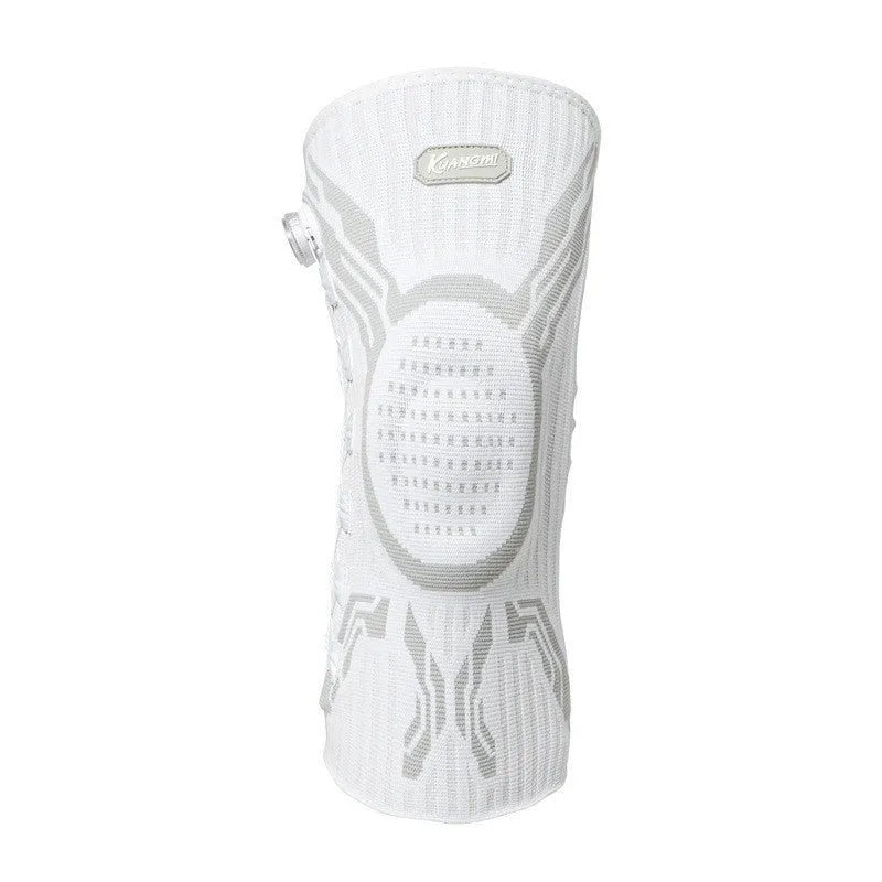 Grey and white professional sports kneecap for left foot, designed for basketball, running, and football.