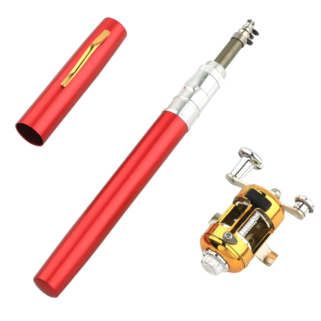 Portable telescopic pen fishing rod kit collapsed to 20.5cm next to its ST5RL fishing reel.
