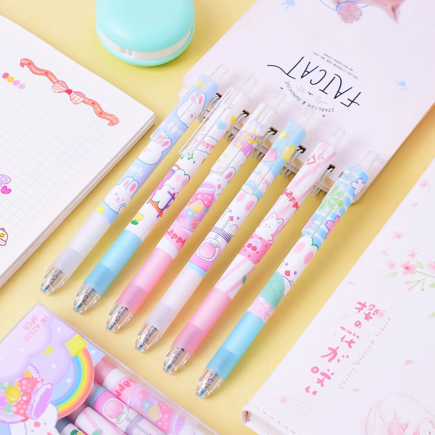 Six cartoon bunny design black pens with 0.5mm tips in packaging