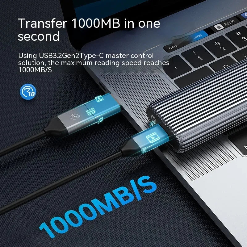 Aluminium alloy M.2 NVMe SATA external SSD enclosure with USB-C cable and heat dissipation vest