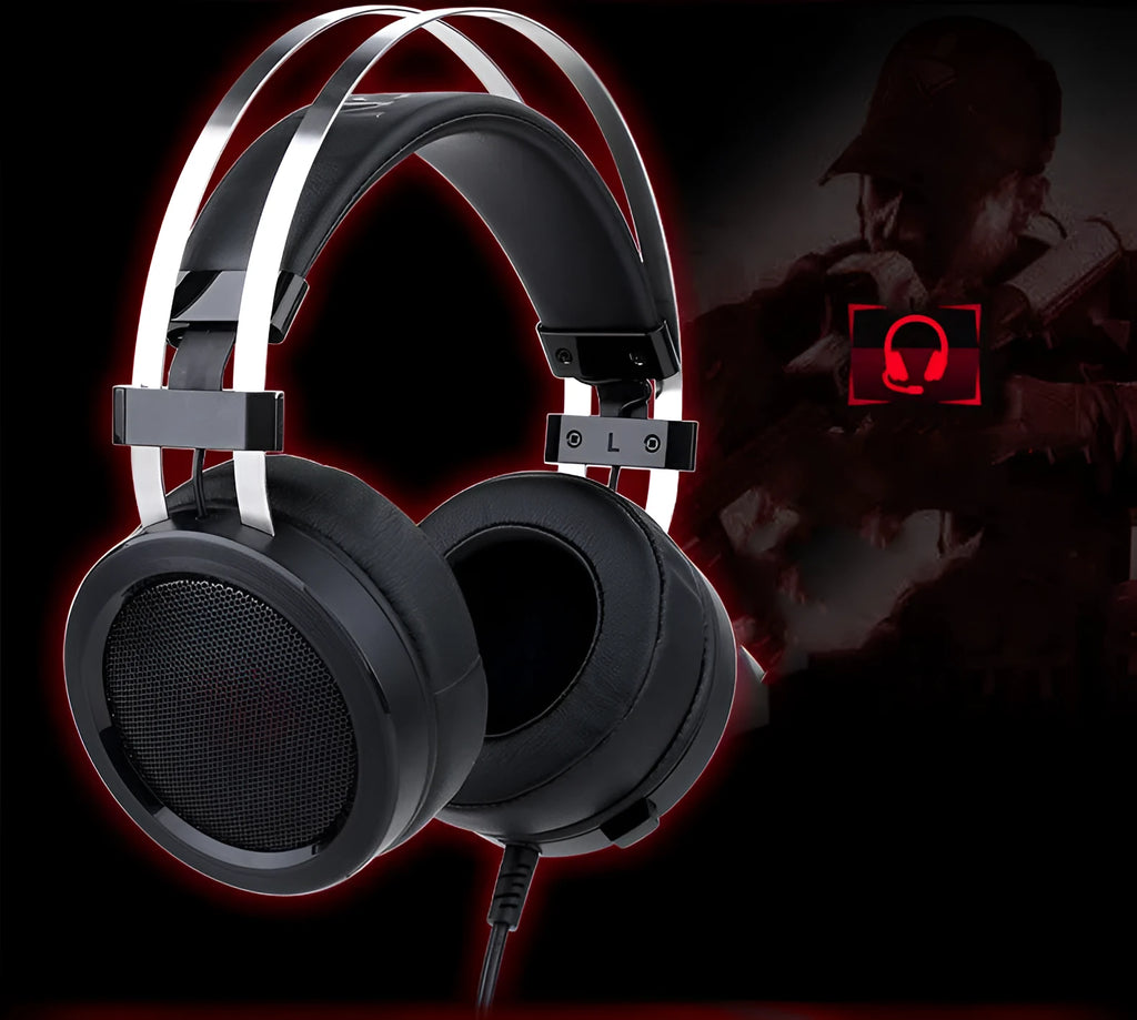 Black wired computer gaming headset with 3.5mm audio jack and cable