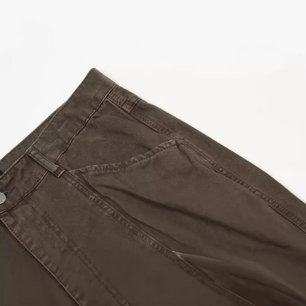 Men's brown loose straight-leg cotton trousers with high waist and zip fly