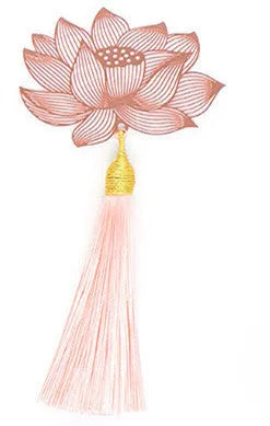 Brass metal bookmark with hollow leaf pattern design and rose gold tassel