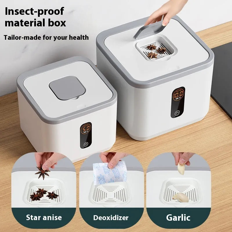 Grey plastic rice storage jar with lid and measuring cup for 10kg, 20kg, or 30kg capacity.