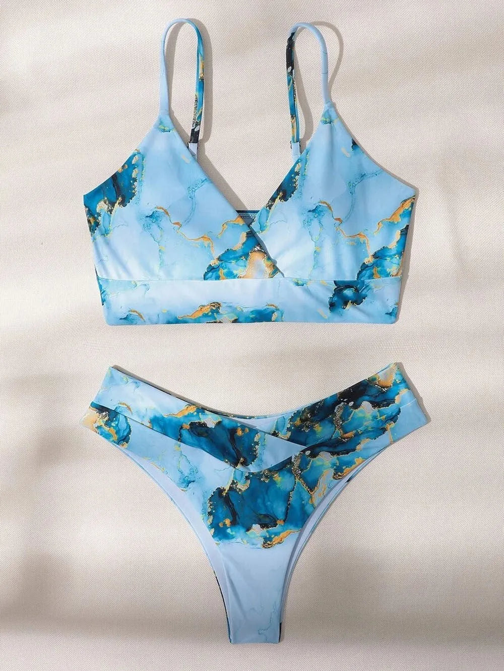Women's marble tie-dye high-waist bikini with U-neck top for swimming.