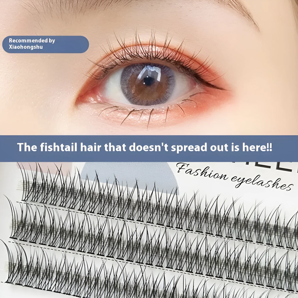 Black V-shaped fairy fishtail false eyelashes showing thick segment design and multiple length options.