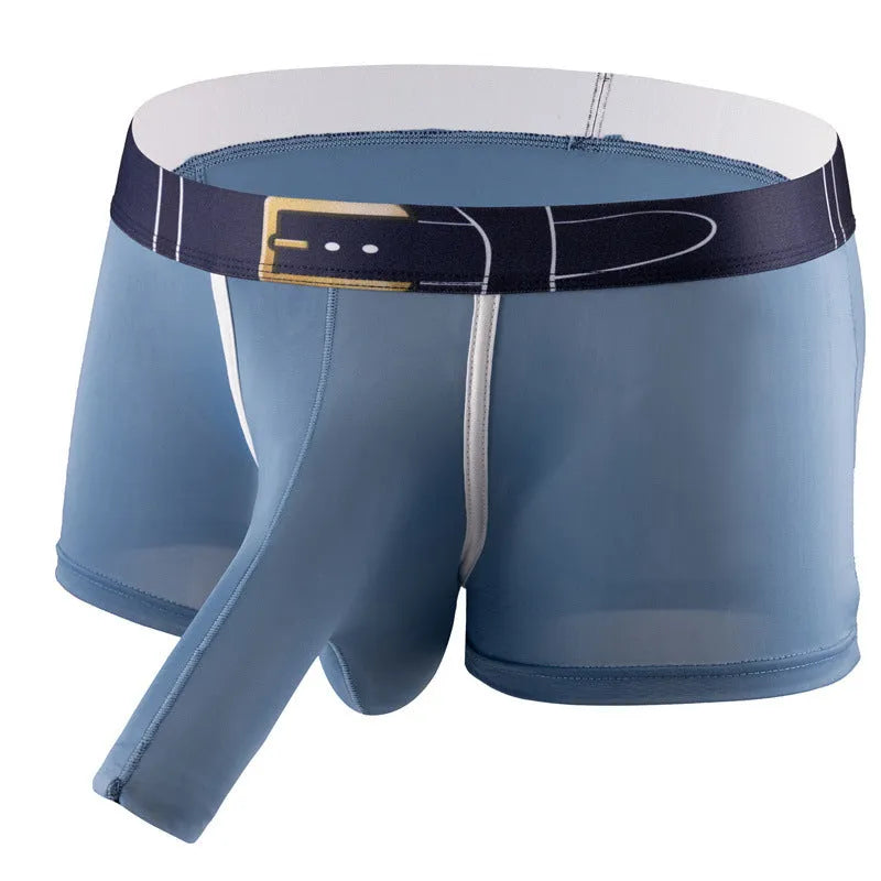Men's solid colour ice silk boxer shorts in blue, shown on a mannequin, demonstrating the mid waist fit.
