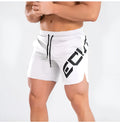 Men's black elastic waist knee-length quick-dry training shorts on a white background.