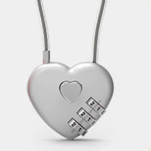 Peach heart shaped ABS plastic padlock with a long steel wire rope in one of six colour options.