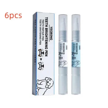 Two white pet tooth whitening pens with brush applicators for dog and cat dental care.