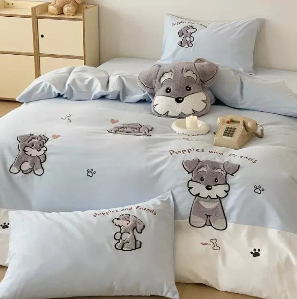 Schnauzer cartoon embroidered cotton bedding set showing quilt cover, sheet, and pillowcases in flat sheet style