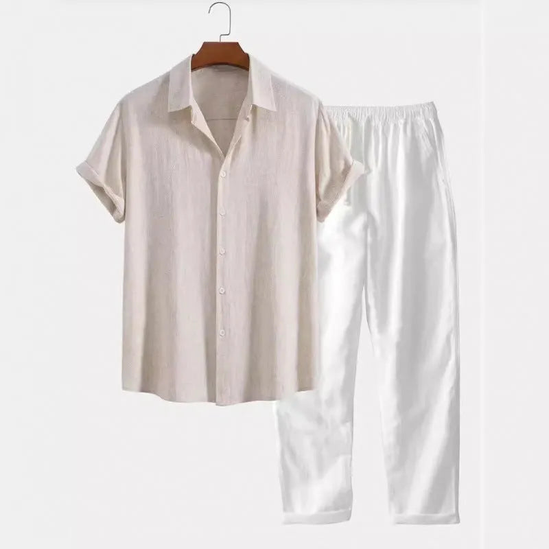 Men's light coloured linen-look casual short sleeve shirt and trouser two-piece suit set on a hanger.