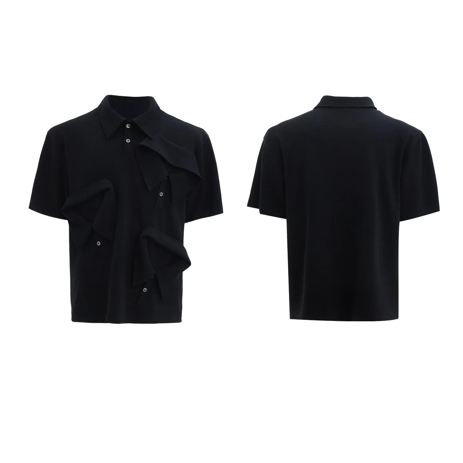 Man modelling a loose-fit black polo shirt with a deconstructed collar and a geometric pattern on the chest.