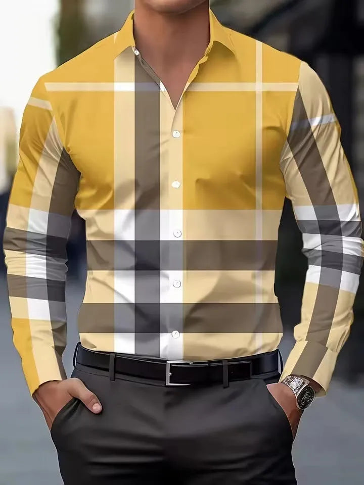 Men's striped long sleeve shirt with a button lapel collar in a choice of colours.