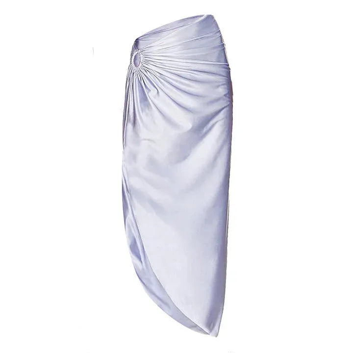 Purple women's one-piece swimsuit with hollow design and matching wrap skirt.