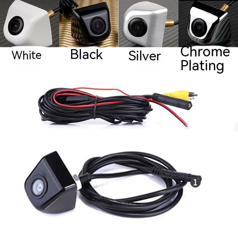 HD waterproof car rearview camera with metal shell in black, white, silver, or chrome finishes.