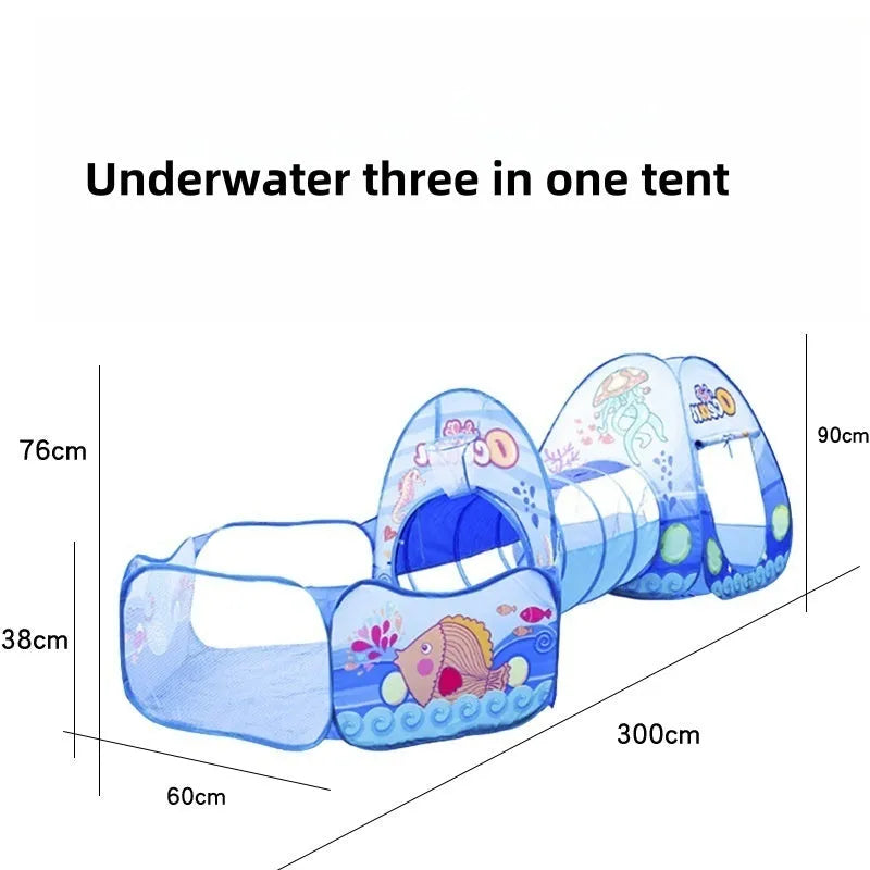 Cartoon marine themed three-in-one children's fabric play tent with ball pool tunnel