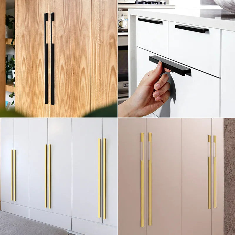 Gold aluminium alloy single hole T-shaped cabinet handle showing three hole distance size options.