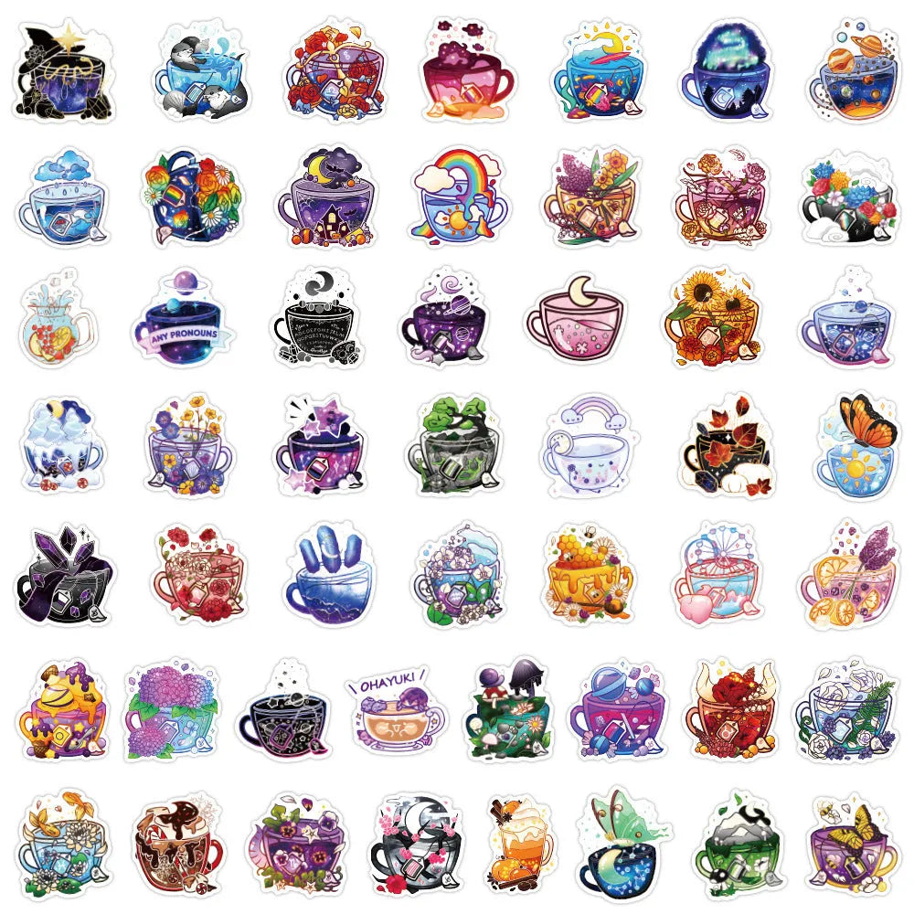 Waterproof colourful tea cup graffiti stickers set of 50 pieces for luggage and sports gear customisation