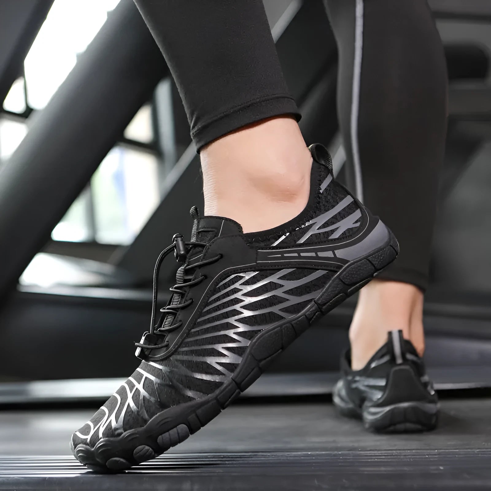 White lace-up sports upstream shoes with breathable gauze lining and textured non-slip rubber sole.
