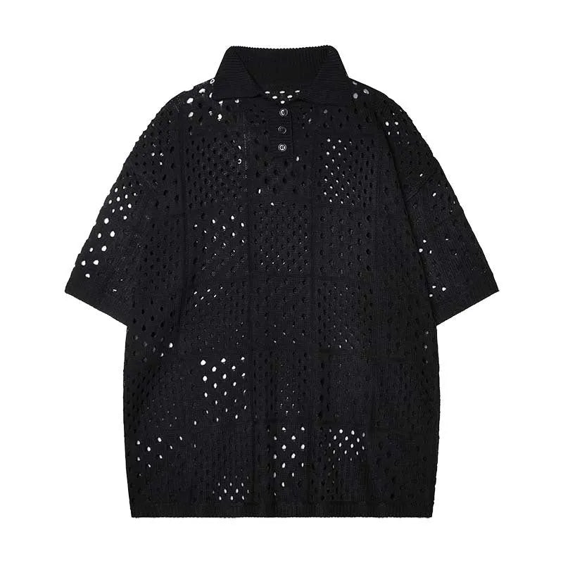 Solid colour hollow high sense short-sleeved knitting polo shirt in loose cardigan style
