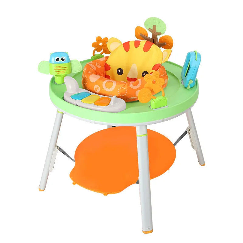 Baby bouncing in three-in-one jumping chair with gymnastic rack and interactive toys