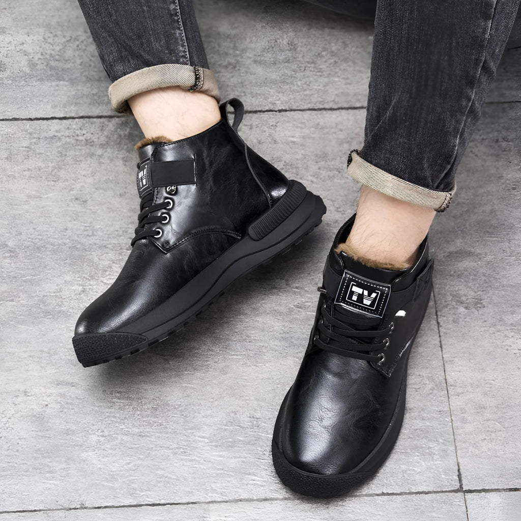 Black high-top Martin platform boots with a velvet PU upper and thick rubber sole.