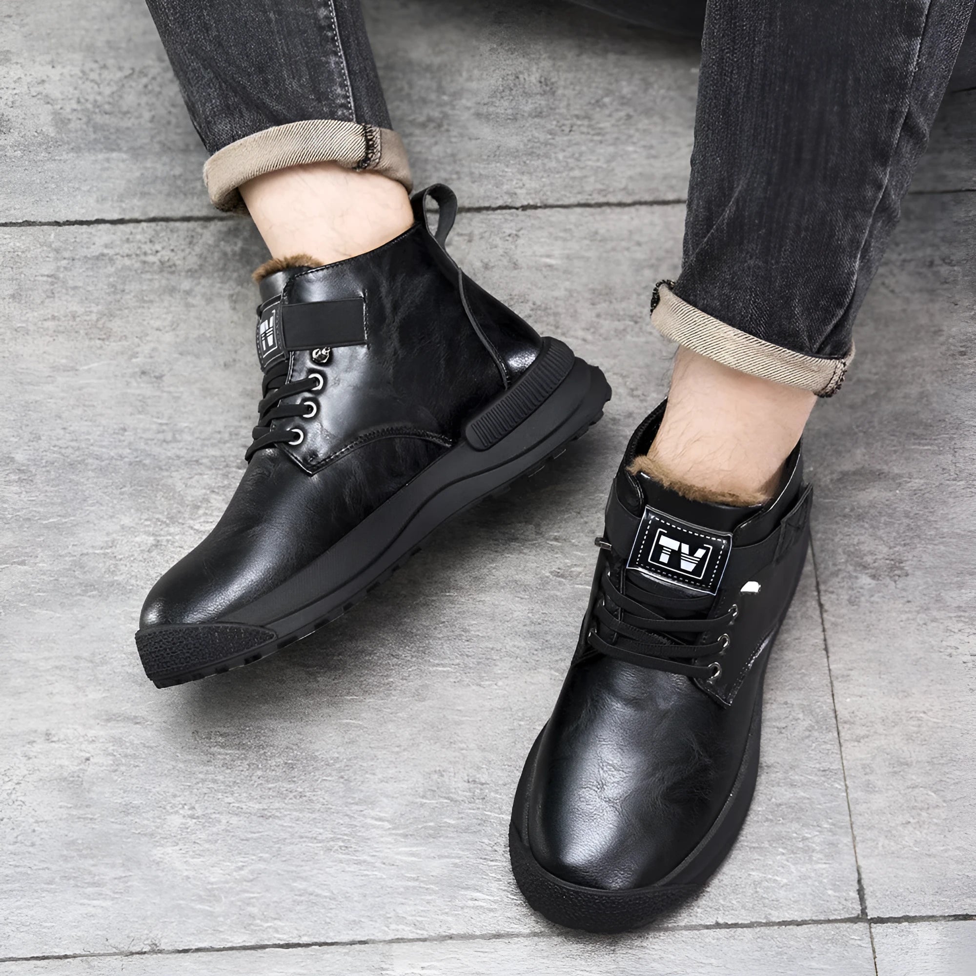 Black high-top Martin platform boots with a velvet PU upper and thick rubber sole.