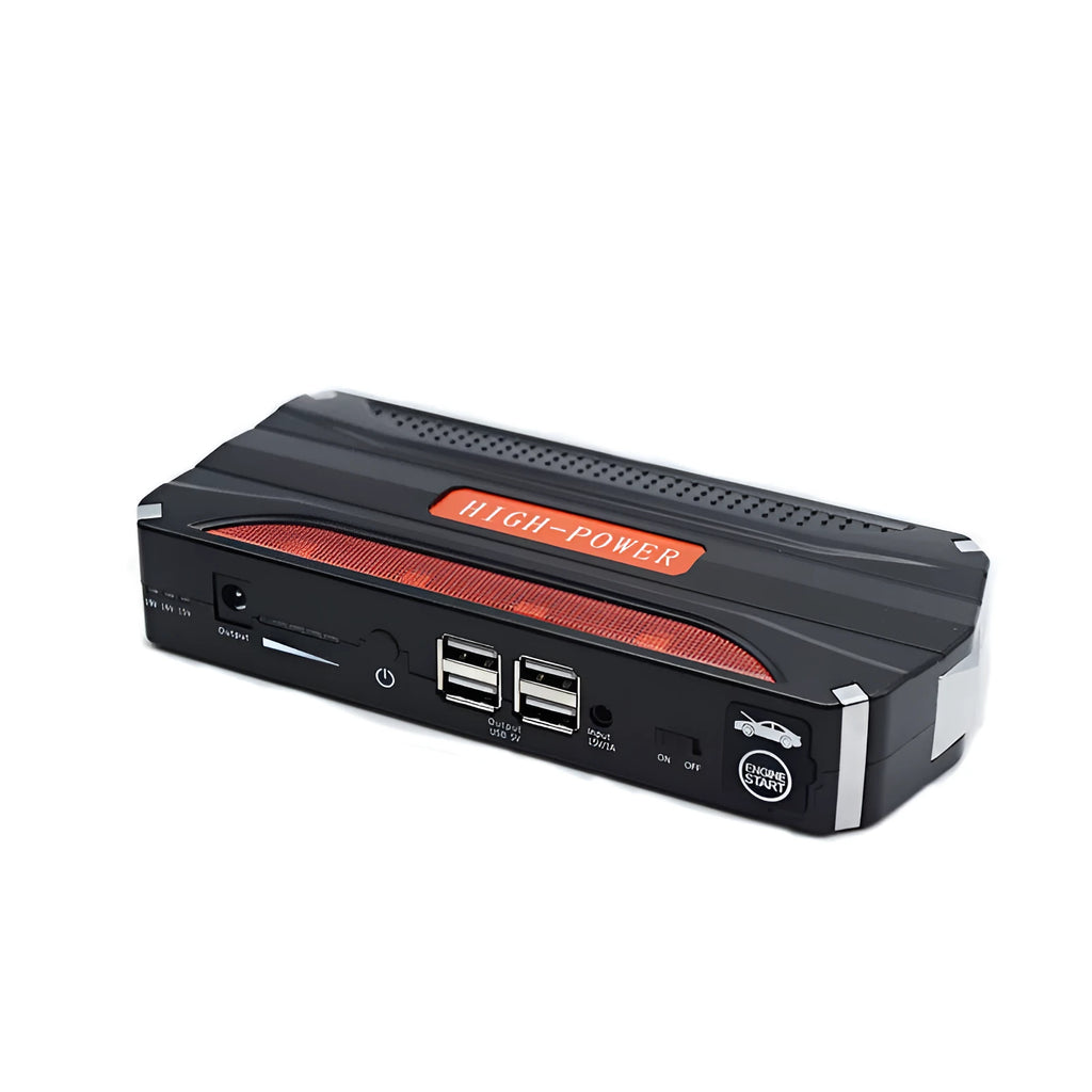 Black and red 12V vehicle emergency jump starter power pack with 7800mAh battery