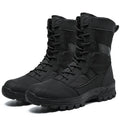 Men's black high-top Martin combat boots with mesh upper and totem design details