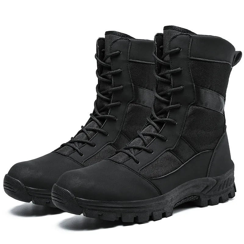 Men's black high-top Martin combat boots with mesh upper and totem design details