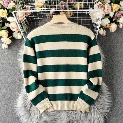 Green and white striped loose fit acrylic fibre knitted cardigan for women
