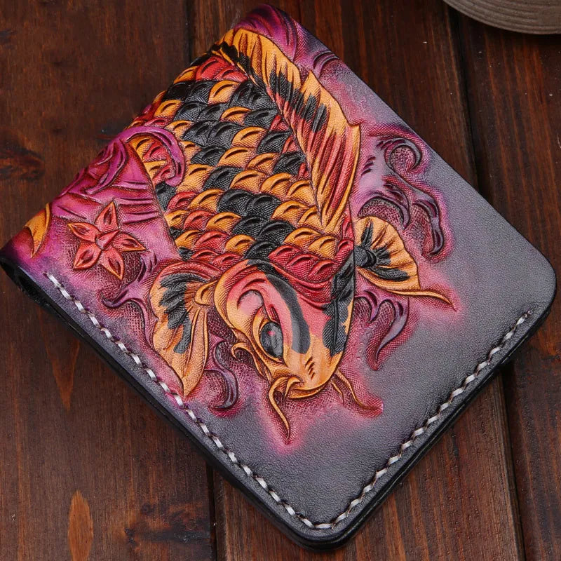 Men's red leather wallet with hand-carved texture and open closure