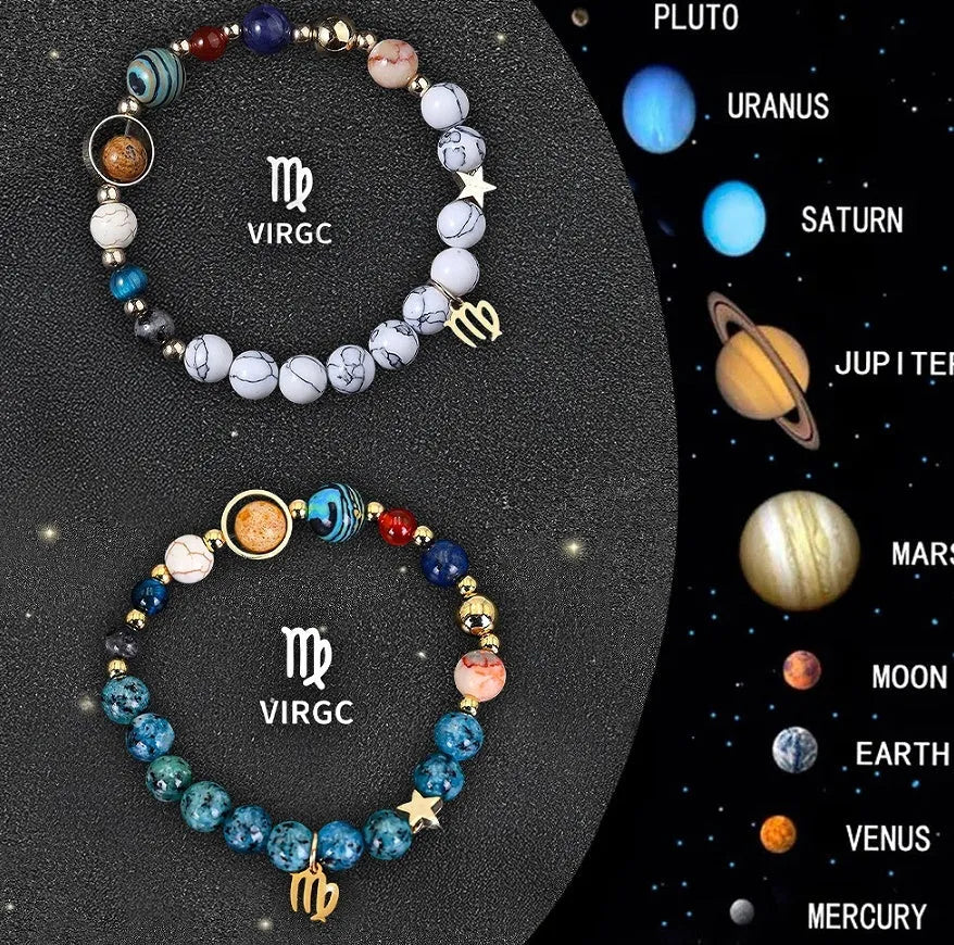 Twelve zodiac sign bracelets with natural stone beads on elastic cords showing all astrology symbols