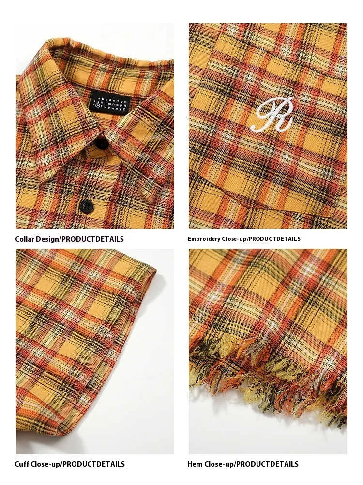 Yellow plaid short sleeve shirt with embroidery pocket detail on front