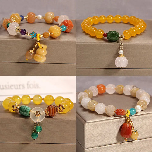 Khaki agate crystal bracelet for women with gold silk adjustable cord in Japanese Korean style