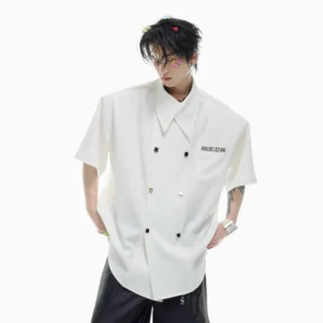 Men's loose casual summer short-sleeved shirt with splicing details and lapel collar in three colour options