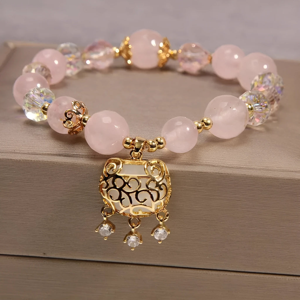 Khaki agate crystal bracelet for women with gold silk adjustable cord in Japanese Korean style
