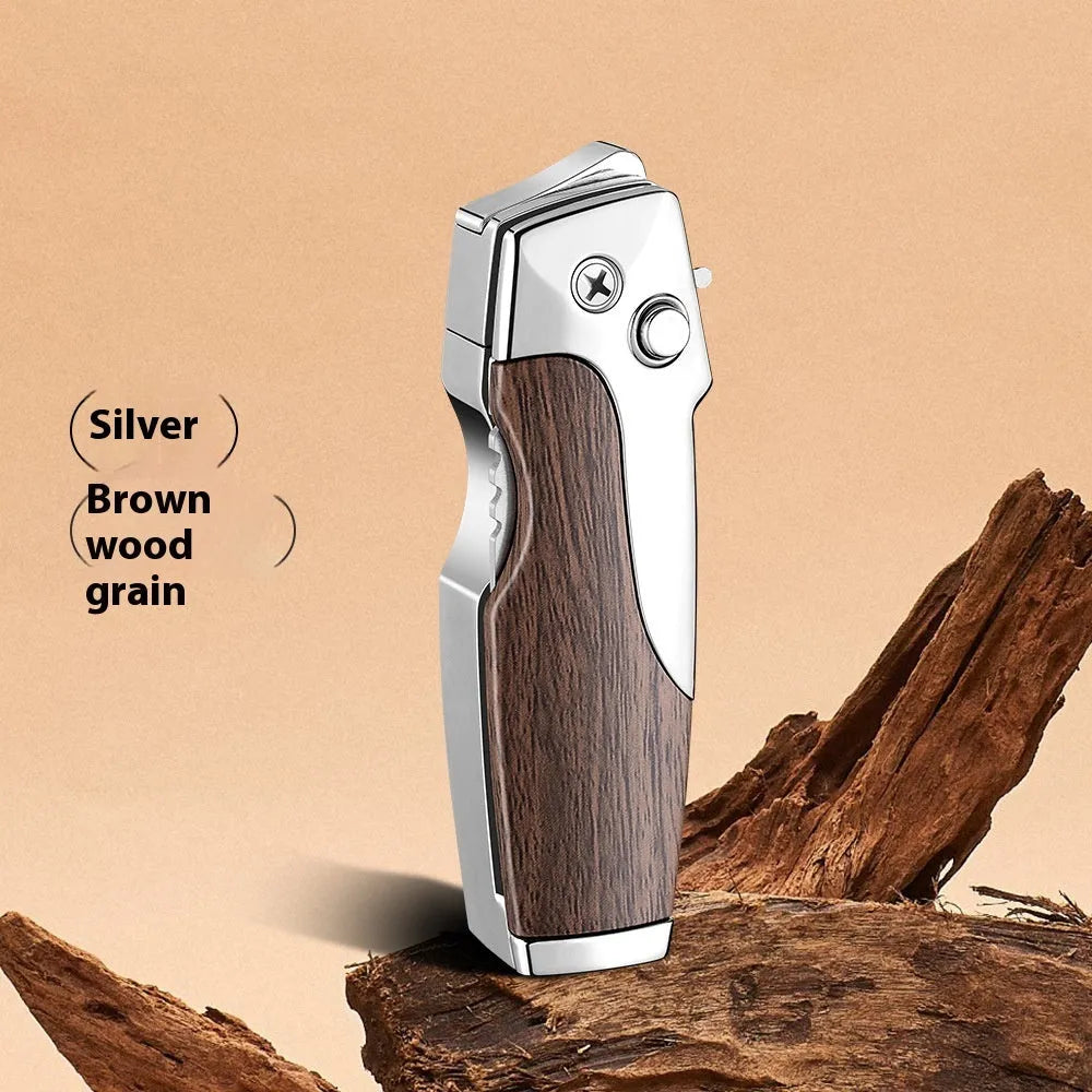 Zinc alloy folding knife and jet lighter multi-tool in black with wood grain finish, showing closed position.