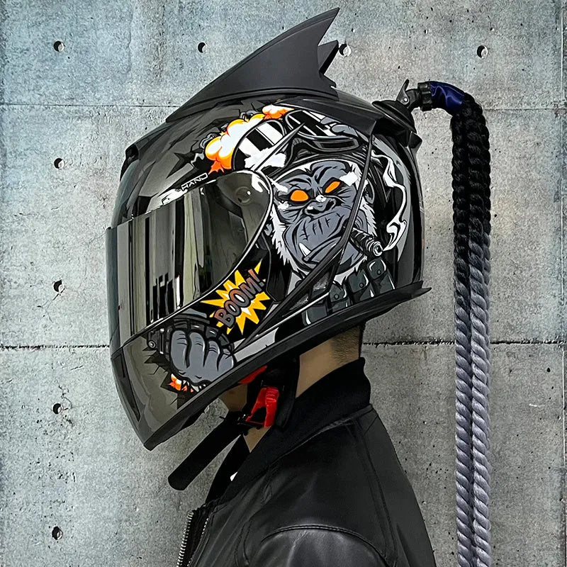 Dirty Braids graphic design full face motorcycle helmet on a white background.