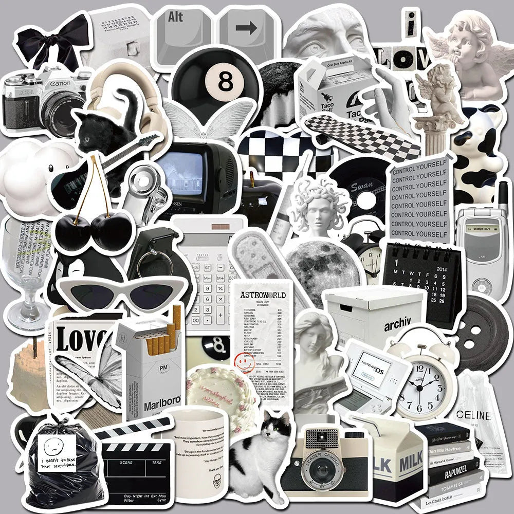 Black and white PVC waterproof sticker set with 61 pieces for laptop and phone decoration