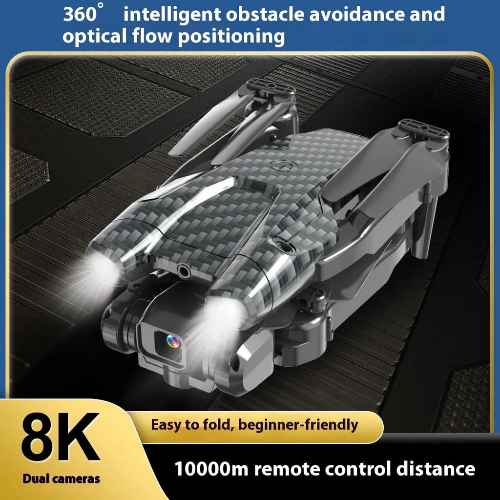 S138 black folding quadcopter drone with obstacle avoidance sensors and dual cameras, folded to under 30cm size