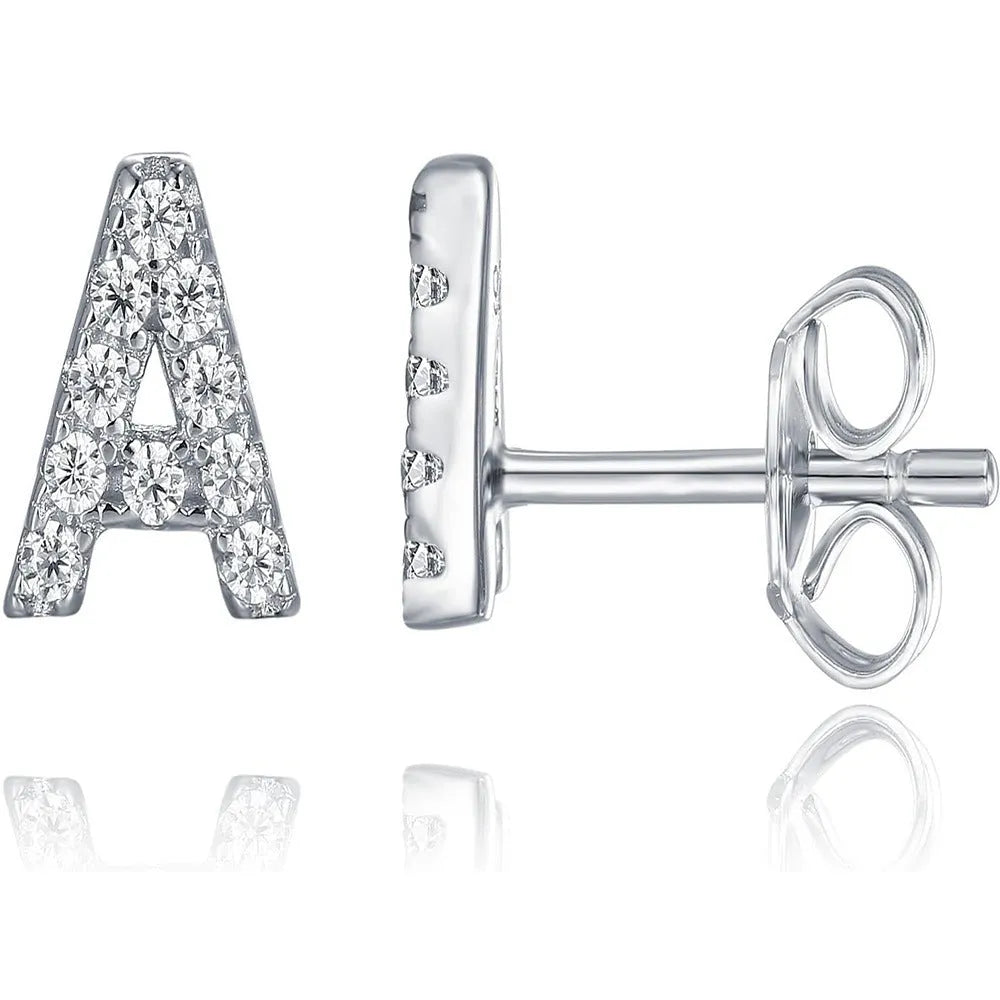 Gold plated alphabet letter earrings with zircon details showing English character design