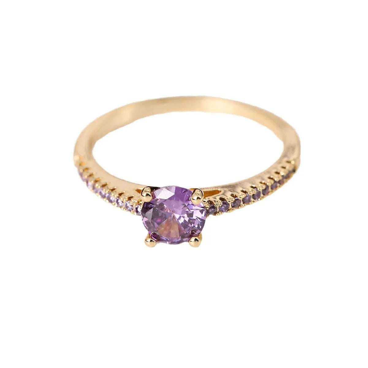 Geometric hexagon copper ring with colourful zircon stones in a metallic electroplated finish.