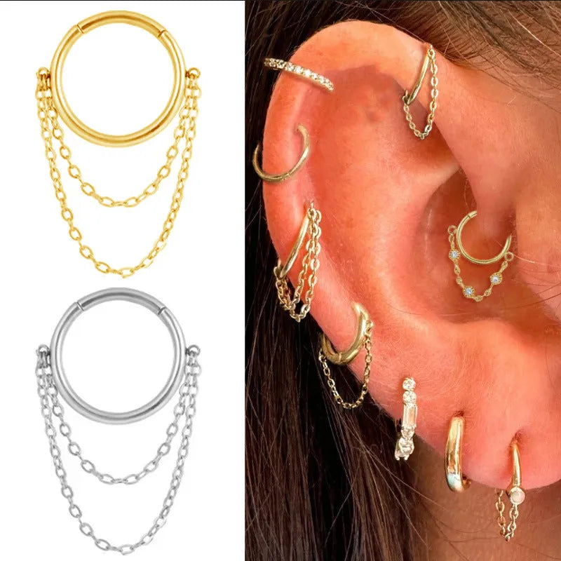 Chain inlaid zircon nose ring earring made from titanium alloy with round shape and simple unisex design