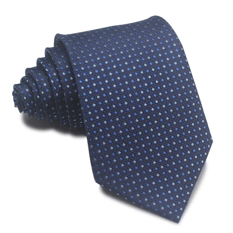 8CM wide polyester jacquard striped business tie in arrow style showing red, black, and blue colour options